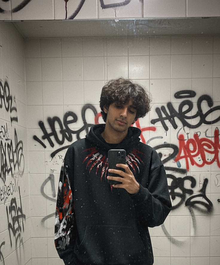 Graffiti tags, Monster Energy visible, no toilet in frame, holy unholy vibes