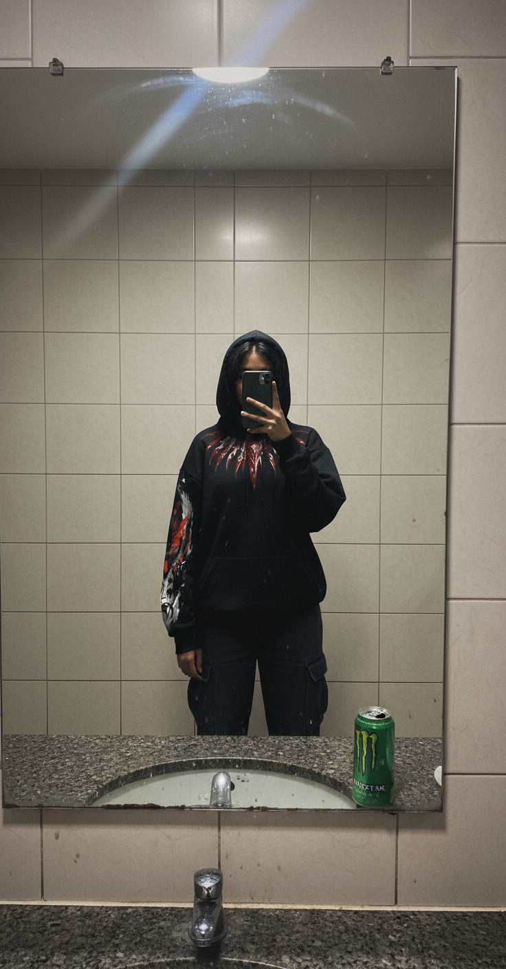 Plain tiles, very minimal graffiti, Monster on counter, no toilet, authentic